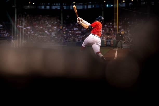 Enrique Hernandez of the Boston Red Sox bats during the first inning of a game against the Toronto Blue Jays at Fenway Park on June 11, 2021 in...