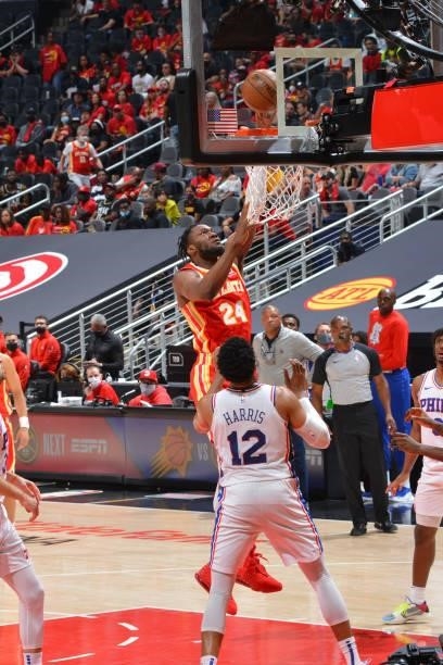 Bruno Fernando of the Atlanta Hawks shoots the ball against the Philadelphia 76ers during Round 2, Game 3 of the Eastern Conference Playoffs on June...