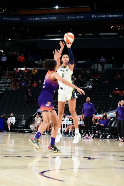 Satou Sabally of the Dallas Wings shoots the ball during the game against the Phoenix Mercury on June 11, 2021 at Phoenix Suns Arena in Phoenix,...