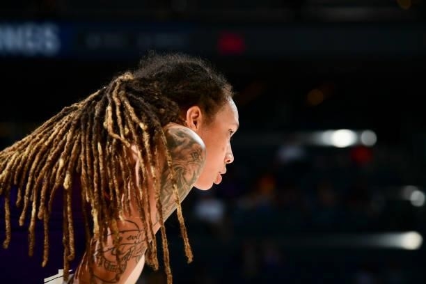 Brittney Griner of the Phoenix Mercury looks on during the game against the Dallas Wings on June 11, 2021 at Phoenix Suns Arena in Phoenix, Arizona....