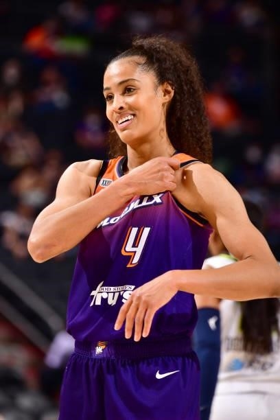 Skylar Diggins-Smith of the Phoenix Mercury smiles during the game against the Dallas Wings on June 11, 2021 at Phoenix Suns Arena in Phoenix,...