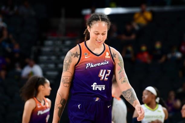 Brittney Griner of the Phoenix Mercury smiles during the game against the Dallas Wings on June 11, 2021 at Phoenix Suns Arena in Phoenix, Arizona....