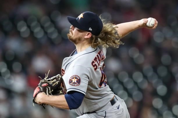 Ryne Stanek of the Houston Astros delivers a pitch against the Minnesota Twins in the eighth inning of the game at Target Field on June 11, 2021 in...