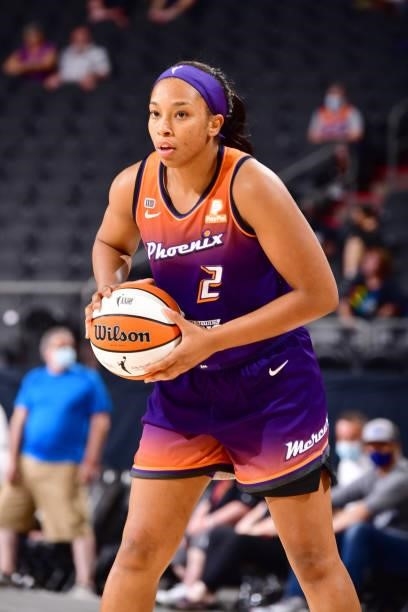 Megan Walker of the Phoenix Mercury handles the ball against the Dallas Wings on June 11, 2021 at Phoenix Suns Arena in Phoenix, Arizona. NOTE TO...
