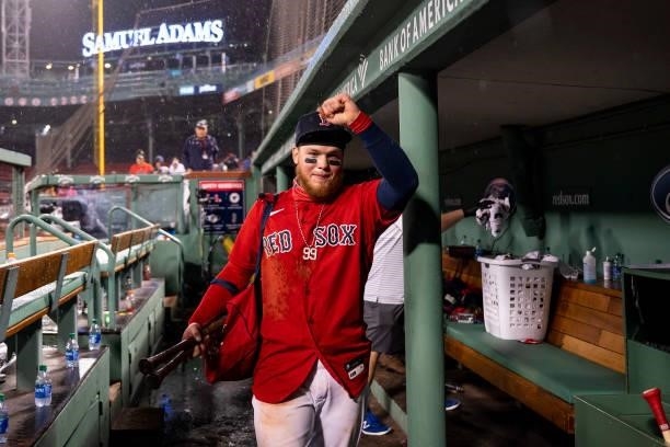 Alex Verdugo of the Boston Red Sox reacts as he walks off the field after hitting a game winning walk-off RBI single during the ninth inning of a...