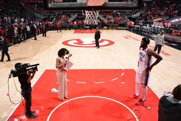 Reporter, Malika Andrews interviews Joel Embiid of the Philadelphia 76ers after a game during Round 2, Game 3 of the Eastern Conference Playoffs on...