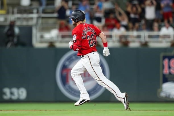 Josh Donaldson of the Minnesota Twins rounds the bases after hitting a solo home run against the Houston Astros in the eighth inning of the game at...