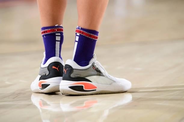 The sneakers worn by Skylar Diggins-Smith of the Phoenix Mercury during the game against the Dallas Wings on June 11, 2021 at Phoenix Suns Arena in...