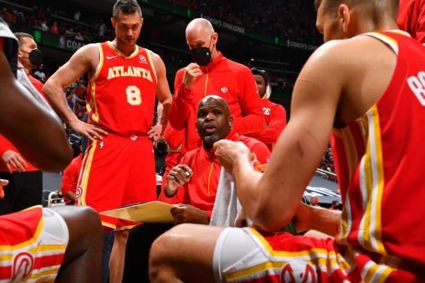 Head Coach Nate McMillan of the Atlanta Hawks talks to the team during Round 2, Game 3 of the Eastern Conference Playoffs on June 11, 2021 at State...
