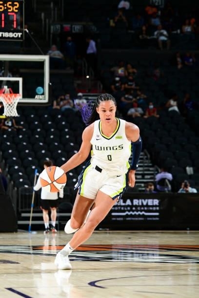 Satou Sabally of the Dallas Wings handles the ball during the game against the Phoenix Mercury on June 11, 2021 at Phoenix Suns Arena in Phoenix,...