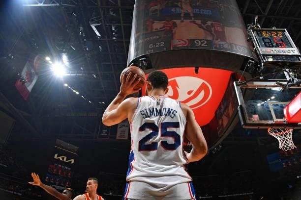Ben Simmons of the Philadelphia 76ers passes the ball against the Atlanta Hawks during Round 2, Game 3 of the Eastern Conference Playoffs on June 11,...