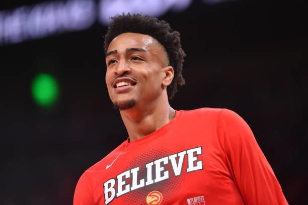 John Collins of the Atlanta Hawks smiles before the game against the Philadelphia 76ers during Round 2, Game 3 of the Eastern Conference Playoffs on...