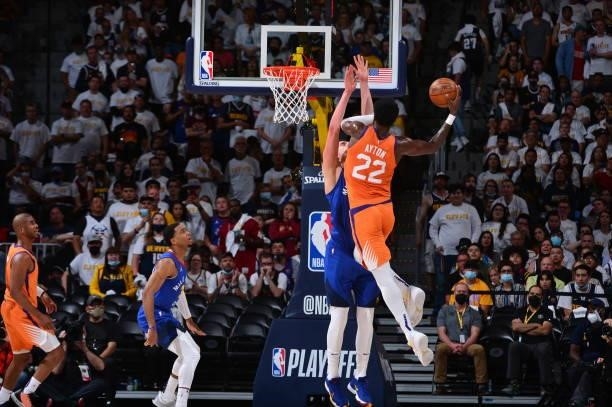 Deandre Ayton of the Phoenix Suns dunks the ball during the game against the Denver Nuggets during Round 2, Game 3 of the 2021 NBA Playoffs on June...