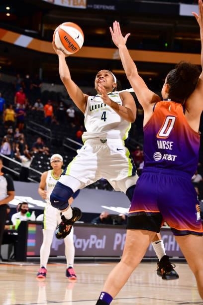 Moriah Jefferson of the Dallas Wings drives to the basket against the Phoenix Mercury on June 11, 2021 at Phoenix Suns Arena in Phoenix, Arizona....