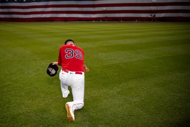 Christian Arroyo of the Boston Red Sox pauses before a game against the Toronto Blue Jays at Fenway Park on June 11, 2021 in Boston, Massachusetts.
