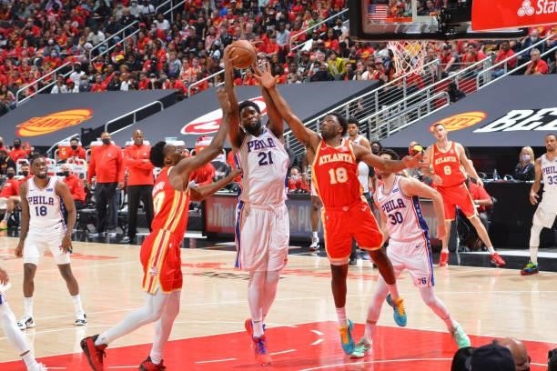 Joel Embiid of the Philadelphia 76ers grabs the rebound against the Atlanta Hawks during Round 2, Game 3 of the Eastern Conference Playoffs on June...