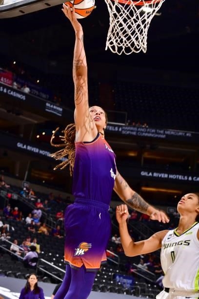 Brittney Griner of the Phoenix Mercury drives to the basket against the Dallas Wings on June 11, 2021 at Phoenix Suns Arena in Phoenix, Arizona. NOTE...