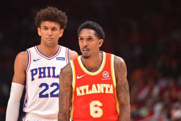 Lou Williams of the Atlanta Hawks looks on during Round 2, Game 3 of the Eastern Conference Playoffs on June 11, 2021 at State Farm Arena in Atlanta,...