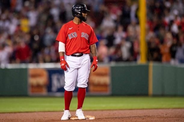 Danny Santana of the Boston Red Sox enters the game to pinch run during the ninth inning of a game against the Toronto Blue Jays at Fenway Park on...