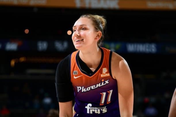 Alanna Smith of the Phoenix Mercury smiles during the game against the Dallas Wings on June 11, 2021 at Phoenix Suns Arena in Phoenix, Arizona. NOTE...