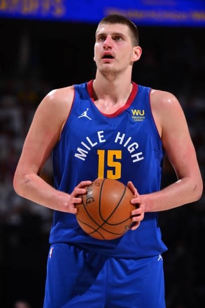 Nikola Jokic of the Denver Nuggets looks on during the game against the Phoenix Suns during Round 2, Game 3 of the 2021 NBA Playoffs on June 11, 2021...