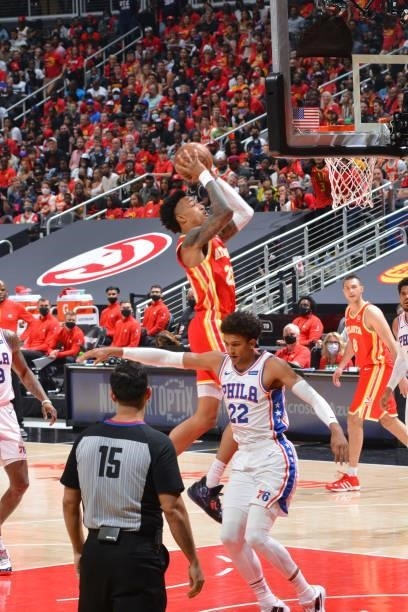 John Collins of the Atlanta Hawks shoots the ball against the Philadelphia 76ers during Round 2, Game 3 of the Eastern Conference Playoffs on June...