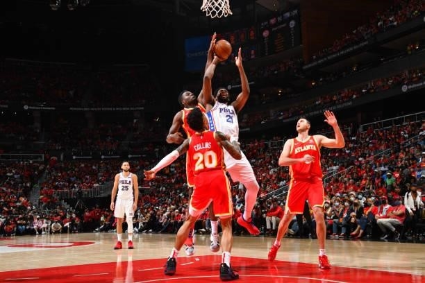 Joel Embiid of the Philadelphia 76ers shoots the ball against the Atlanta Hawks during Round 2, Game 3 of the Eastern Conference Playoffs on June 11,...