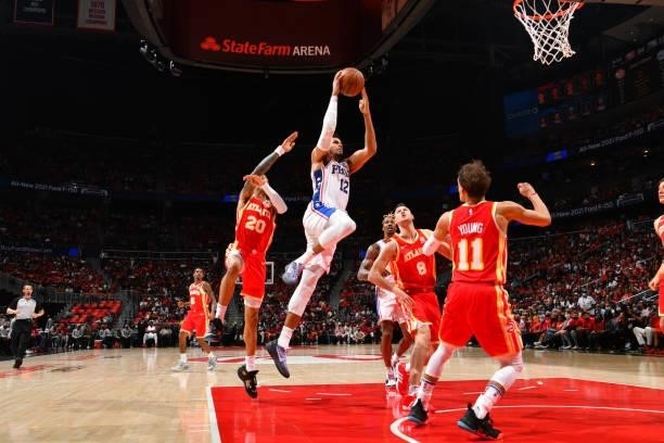 Tobias Harris of the Philadelphia 76ers shoots the ball against the Atlanta Hawks during Round 2, Game 3 of the Eastern Conference Playoffs on June...