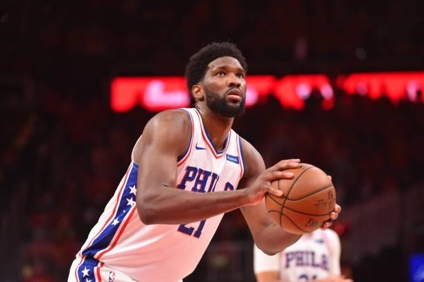 Joel Embiid of the Philadelphia 76ers shoots free-throw during a game against the Atlanta Hawks during Round 2, Game 3 of the Eastern Conference...
