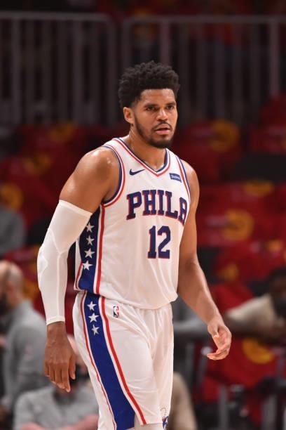 Tobias Harris of the Philadelphia 76ers looks on during Round 2, Game 3 of the Eastern Conference Playoffs on June 11, 2021 at State Farm Arena in...