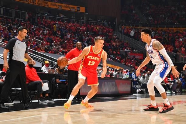 Bogdan Bogdanovic of the Atlanta Hawks handles the ball against the Philadelphia 76ers during Round 2, Game 3 of the Eastern Conference Playoffs on...