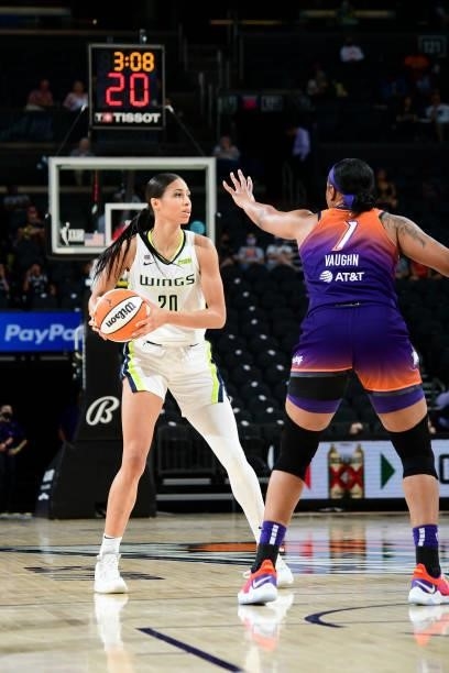 Isabelle Harrison of the Dallas Wings handles the ball during the game against the Phoenix Mercury on June 11, 2021 at Phoenix Suns Arena in Phoenix,...