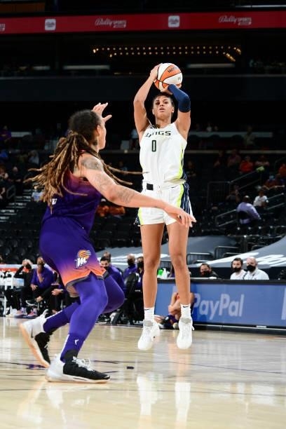 Satou Sabally of the Dallas Wings shoots the ball during the game against the Phoenix Mercury on June 11, 2021 at Phoenix Suns Arena in Phoenix,...