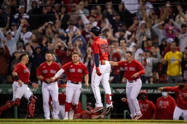 Alex Verdugo of the Boston Red Sox reacts after hitting a game winning walk-off RBI single during the ninth inning of a game against the Toronto Blue...