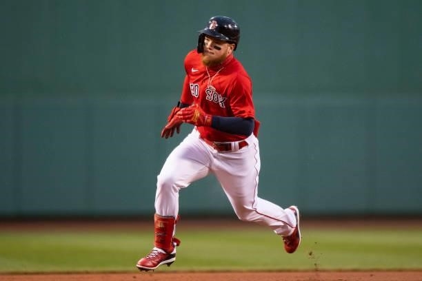 Alex Verdugo of the Boston Red Sox runs during the first inning of a game against the Toronto Blue Jays at Fenway Park on June 11, 2021 in Boston,...