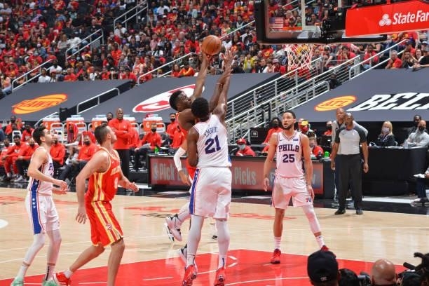 Clint Capela of the Atlanta Hawks shoots the ball against the Philadelphia 76ers during Round 2, Game 3 of the Eastern Conference Playoffs on June...
