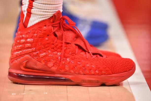 The sneakers worn by Bruno Fernando of the Atlanta Hawks during Round 2, Game 3 of the Eastern Conference Playoffs on June 11, 2021 at State Farm...