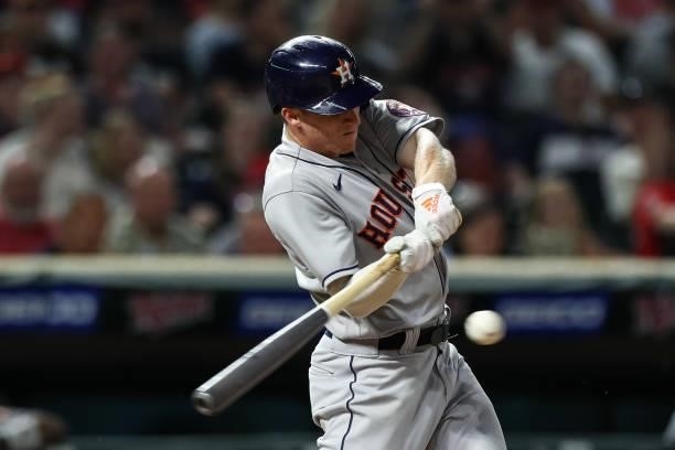 Myles Straw of the Houston Astros hits a single against the Minnesota Twins in the ninth inning of the game at Target Field on June 11, 2021 in...