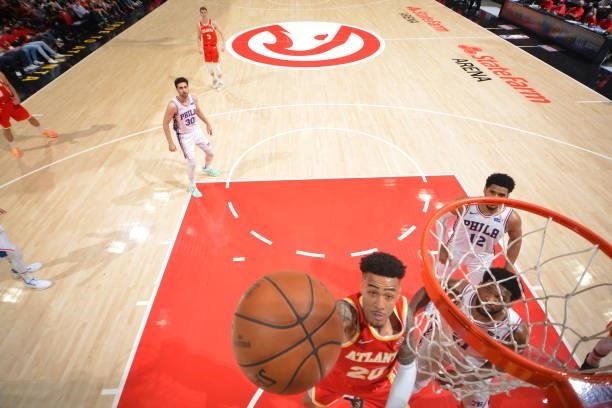 John Collins of the Atlanta Hawks shoots the ball against the Philadelphia 76ers during Round 2, Game 3 of the Eastern Conference Playoffs on June...