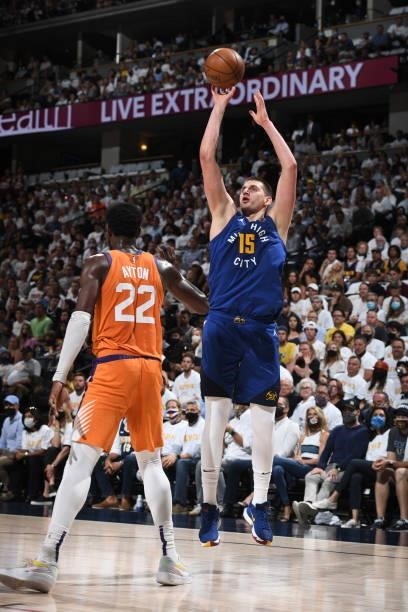 Nikola Jokic of the Denver Nuggets shoots the ball against the Phoenix Suns during Round 2, Game 3 of the 2021 NBA Playoffs on June 11, 2021 at the...