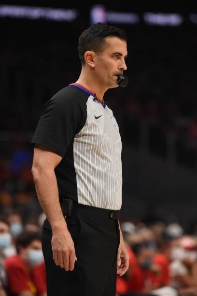 Referee Zach Zarba looks on during Round 2, Game 3 of the Eastern Conference Playoffs on June 11, 2021 at State Farm Arena in Atlanta, Georgia. NOTE...