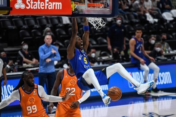 Will Barton of the Denver Nuggets has a slam dunk in the second half of Game Three of the Western Conference second-round playoff series at Ball...