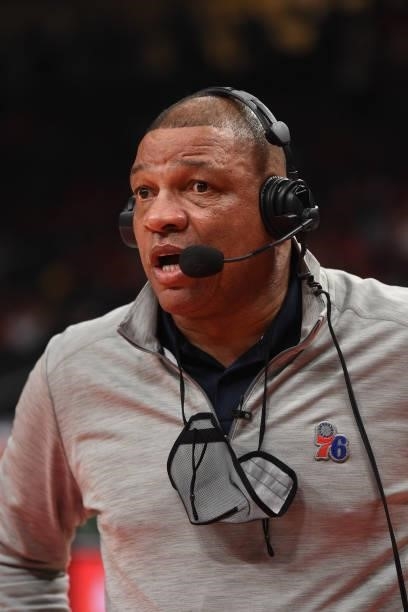 Head Coach Doc Rivers of the Philadelphia 76ers is interviewed during Round 2, Game 3 of the Eastern Conference Playoffs on June 11, 2021 at State...