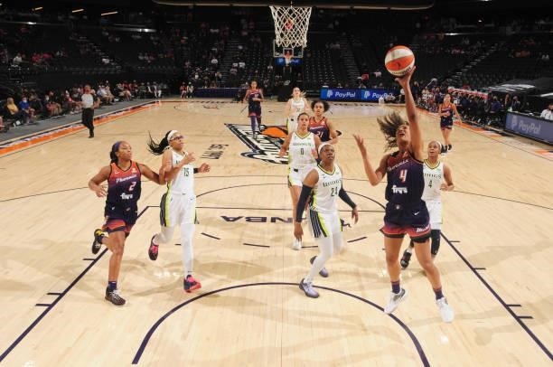 Skylar Diggins-Smith of the Phoenix Mercury shoots the ball against the Dallas Wings on June 11, 2021 at Phoenix Suns Arena in Phoenix, Arizona. NOTE...