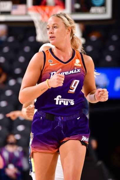 Sophie Cunningham of the Phoenix Mercury looks on during the game against the Dallas Wings on June 11, 2021 at Phoenix Suns Arena in Phoenix,...