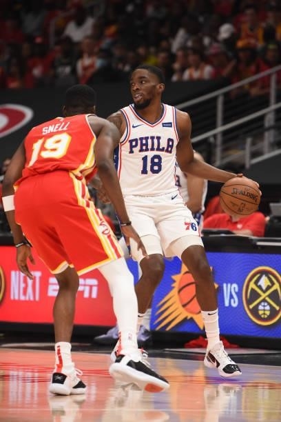 Shake Milton of the Philadelphia 76ers handles the ball against the Atlanta Hawks during Round 2, Game 3 of the Eastern Conference Playoffs on June...