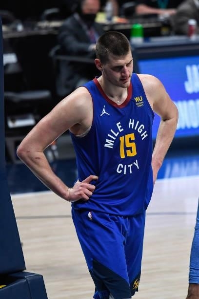 Nikola Jokic of the Denver Nuggets walks off the court after a loss against the Phoenix Suns in Game Three of the Western Conference second-round...