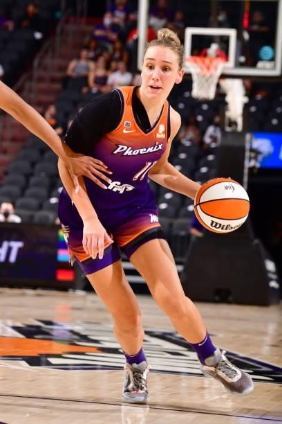 Alanna Smith of the Phoenix Mercury handles the ball against the Dallas Wings on June 11, 2021 at Phoenix Suns Arena in Phoenix, Arizona. NOTE TO...