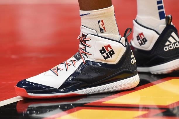 The sneakers worn by Dwight Howard of the Philadelphia 76ers during Round 2, Game 3 of the Eastern Conference Playoffs on June 11, 2021 at State Farm...
