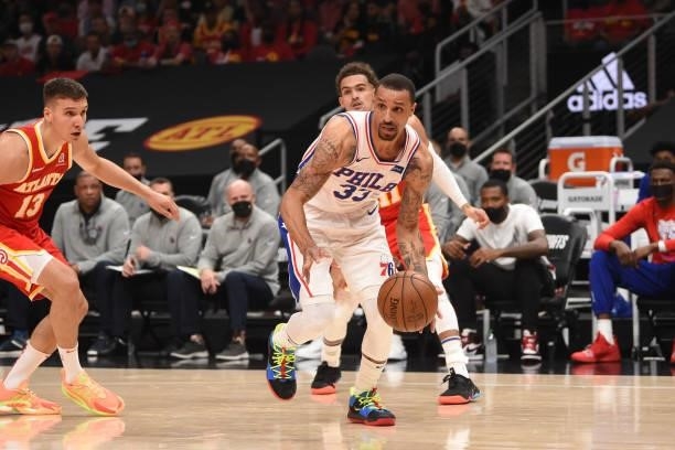 George Hill of the Philadelphia 76ers handles the ball against the Atlanta Hawks during Round 2, Game 3 of the Eastern Conference Playoffs on June...